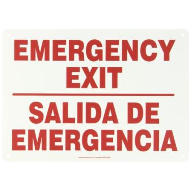 Imagem de Accuform SBMADM510MVP Placa bilíngue espanhola de plástico, saída de emergência/Salida de emergência", 25,4 cm de comprimento x 35,5 cm de largura x 0,1 cm de espessura, vermelho sobre branco