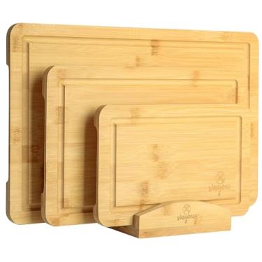 Imagem de Conjunto de tábua de corte de bambu para cozinha - conjunto de 3 tábuas de corte com ranhura e prateleira de tábuas de corte, fácil de limpar, ideal para conjunto de tábua de corte de bambu para