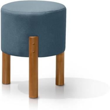 Imagem de Puff Redondo Luxo Decorativo Charme Thor com Pés de Madeira Linho Azul - PC MÓVEIS