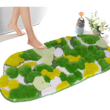 Imagem de Hifuwan Tapete de banheiro fofo amarelo verde musgo 51 x 109 cm de folha longa antiderrapante boêmio grande tapete de banho absorvente de água corredor de banho