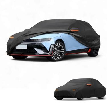 Imagem de Partuto Capa de carro à prova d'água para todos os climas, automotiva, externa, anti-UV, proteção contra chuva e sol, cobertura externa completa para Hyundai Ioniq 5 190T-PU preta com tiras refletoras