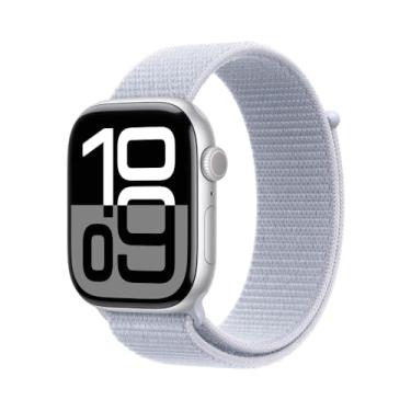 Imagem de Apple Watch Series 10 GPS + Cellular • Caixa prateada de alumínio – 46 mm • Pulseira loop esportiva nuvem azul