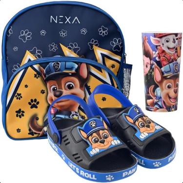Imagem de Kit Sandália Papete Infantil Com Mochila Escolar E Copo Masculino Patr