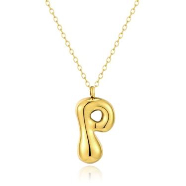 Imagem de Kainier Colar feminino com letra de bolha, pingente colorido com nome do alfabeto, pingente delicado fofo banhado a ouro 14 K, joias para presente.., Aço inoxidável, Sem Pedra Preciosa