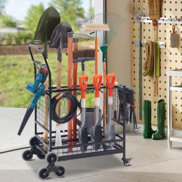 Imagem de Lauren&Harold Organizador de ferramentas de jardim para garagem, rack de armazenamento de ferramentas de quintal com 2 rodas de subir escadas, suporte de armazenamento de ferramentas de jardim para