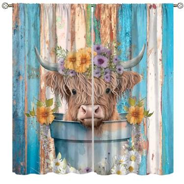 Imagem de Yoakiet Lindas cortinas blecaute de vaca Highland, painéis de madeira rústica vintage com estampa de vaca em um balde, bolso para varão, tratamentos de janela, cortinas para quarto, sala de estar,