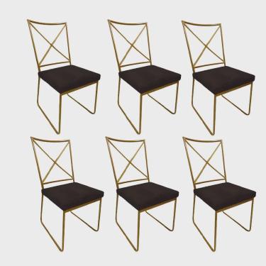 Imagem de Kit 06 Cadeiras Sala de Jantar Escritório Office Clark Industrial Ferro Dourado Sintético Marrom - Ahz Móveis