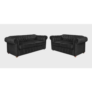 Imagem de Conjunto 2 E 3 Lugares Chesterfield Luis Xv Courino Preto
