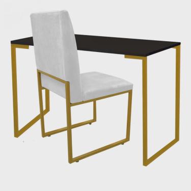 Imagem de Kit Cadeira e Mesa Escrivaninha Escritório Office Stan Industrial Ferro Dourado Corino Branco - Ahazzo Móveis