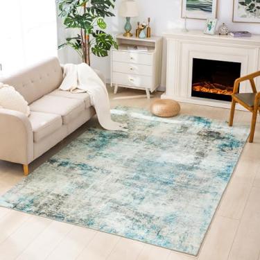 Imagem de Carvapet Tapetes grandes de 15 x 23 cm para sala de estar, quarto, quarto de crianças, lavável, azul-petróleo, moderno, abstrato com suporte de borracha, dobrável, antiderrapante, tapete fino, ultra