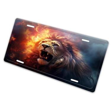 Imagem de Linda capa de placa de carro com pintura de leão de juba dourada - etiqueta de carro artística de alumínio, à prova de ferrugem, design exclusivo - 15 x 30 cm