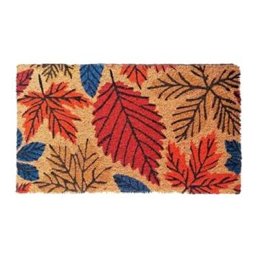 Imagem de Tapete Capacho Retangular Decorativo, Fibra de Coco, Estampa de Folhas Coloridas, 33x60 cm