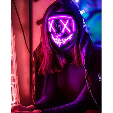 Imagem de JIAOZI Máscara de Halloween, máscara de LED iluminada, máscara assustadora para festivais, cosplay, fantasia de Halloween, festas de baile de máscaras (roxa)