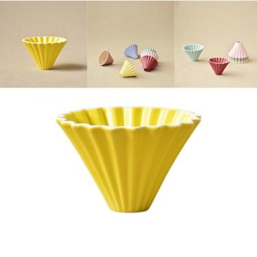 Imagem de Boxonly Coador de café de cerâmica amarela – Filtro de cone V60 inspirado em origami de 10,3 × 7,8 cm, copo manual de retenção de calor com sulcos profundos para fluxo suave e sabor rico de café