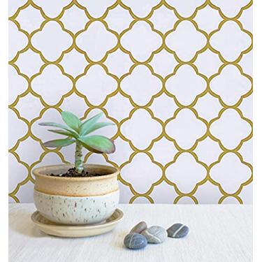 Imagem de Safiyya Papel de parede dourado de 299.7 cm x 45.0 cm papel de contato com padrão branco e dourado autoadesivo decorativo removível para armários papel de parede moderno de banheiro para cozinha
