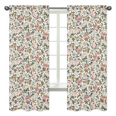 Imagem de Cortinas de tratamento de janelas Boho vintage da Sweet Jojo Designs – Conjunto de 2 – Rosa blush, amarelo, verde e branco Shabby Chic Rose Flower Farmhouse
