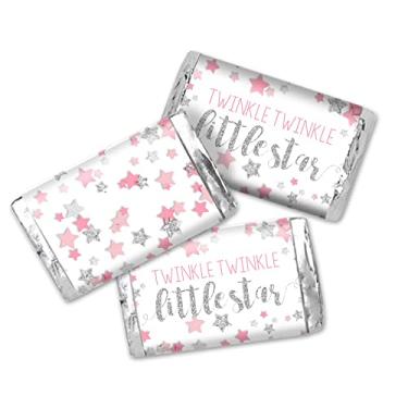 Imagem de Amanda Creation Twinkle Twinkle Little Star Baby Girl Sprinkle Baby Shower Mini Chocolate Candy Bar Sticker Wrappers, 45 1.4" x 2.6" Wrap Around Labels, Great for Party Favors