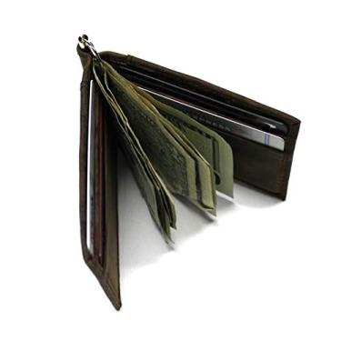 Imagem de Carteira de couro resistente com bolso frontal com clipe de mola para notas - Crazy Horse Cowhide, Marrom, One Size, Carteira RFID