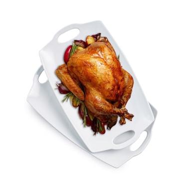 Imagem de Travessa de servir de peru para entretenimento, bandeja de servir com alças grande, festa, exibição, travessas de porcelana retangulares LYEOBOH 40,6 cm, conjunto de 2, branco