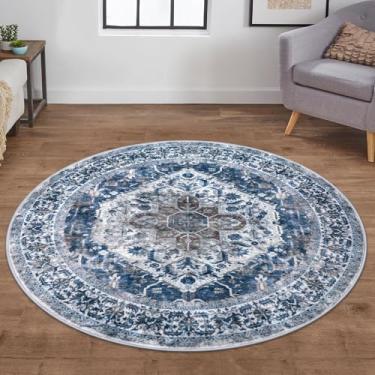 Imagem de KOZYFLY Tapetes redondos laváveis 1,5 m tapete de entrada boho azul, tapetes de jantar circulares antiderrapantes 1,5 m x 1,5 m, tapetes de lã sintética para quarto, tapete interno estampado tufado