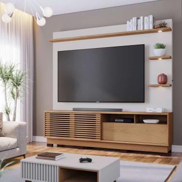 Imagem de Estante Home Sala De Estar 200cm Navagio Led Off White/freijó G73 - Gran Belo