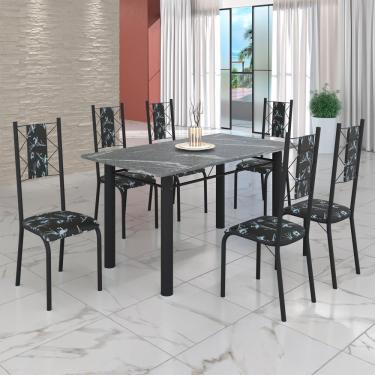 Imagem de Conjunto Sala De Jantar Mesa Tubo 3" 140x75cm Tampo Pedra Granito C-6 Cadeiras Preto Floral - Preto