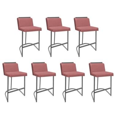 Imagem de Kit 07 Banquetas Com Encosto Confort Bistrô Cozinha Ferro Cinza Suede Rose Gold Amey Decor