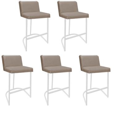 Imagem de Kit 05 Banquetas Com Encosto Nynna Luxo Confort Bistrô Cozinha Ferro Branco Suede Bege - Amey Decor