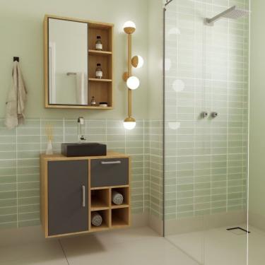 Imagem de Gabinete De Banheiro Suspenso 68cm Com Balcão 1 Porta 1 Gaveta E Espelheira Com Cuba Pta Mel-grafite