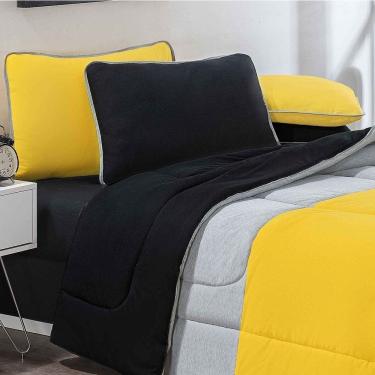 Imagem de Kit Edredom + Jogo De Lençol Malha 100% Algodão Urbano 5 Peças Solteiro - Amarelo-mescla-preto