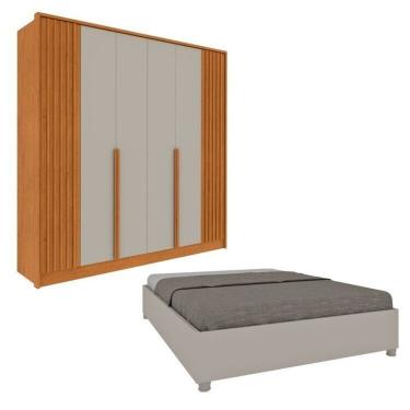 Imagem de Conjunto Para Quarto 1 Guarda Roupa Ripado Nova York 1 Cama Casal Queen Monaco Espresso Móveis Cinamomo-off White