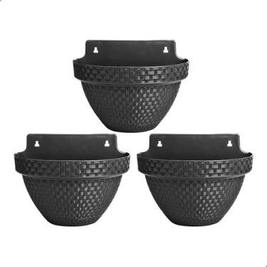 Imagem de Kit 3 Vaso de Parede Meia Lua Preto 3L com Prato Antidengue 24x18x16cm