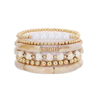 Imagem de GOOJIDS Pulseira simples com contas banhadas a ouro grosso tubo de bambu curvado empilhável contas coloridas de acrílico transparente conjunto de pulseiras banhadas a ouro para mulheres, 6.6 inches