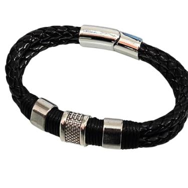 Imagem de Pulseira Masculina em Couro e Aço, Estilos Rock, Geek, Casual e Clássico (Pulseira Masculina Couro Trançado e Aço – Fecho Magnético 04)