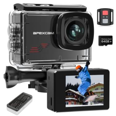 Imagem de Apexcam Câmera de ação 4K com cartão de 64 GB, câmera esportiva HD 60FPS 48MP para vlogging, câmera subaquática à prova d'água de 40 m, filmadora WiFi grande angular de 170°, zoom 8X, controle remoto,