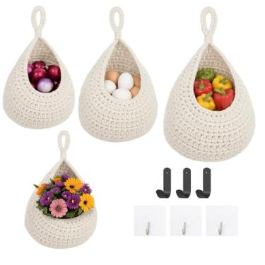 Imagem de ShellKingdom Cestas de pendurar na parede para cozinha, pacote com 3 cestas de armazenamento boho feitas à mão, gota decorativa para casa, com 6 peças de ganchos para frutas, legumes, batata