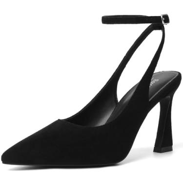 Imagem de Susanny Slingback bico fechado tira no tornozelo salto alto bico fino vestido confortável stiletto sexy fivela tiras sapatos elegantes para casamento festa nupcial trabalho, Camurça preta, 37