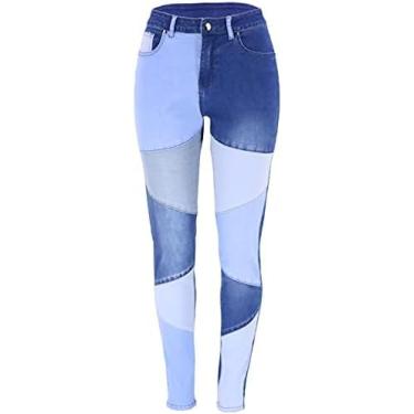 Imagem de Jeas Wome Wome Elegante Patchwork Cotrast Jeas Slim Jeas, Blue, XXL