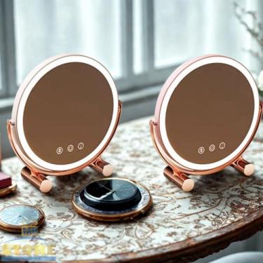 Imagem de Espelho de Mesa Luzes LED em 3 Cores Recarregável Luxuoso para Maquiagem Penteadeira Regulável Redondo Rosa com Rose Gold