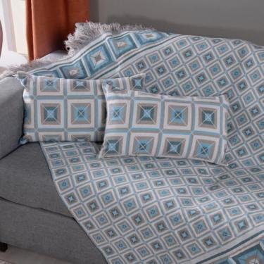 Imagem de Manta para Sofá com Franja + 2 Almofadas Cheias para Decoração Sala - Kit Xale para Sofá Jacquard 1,35x1,35m - Manta Decorativa (Azul)