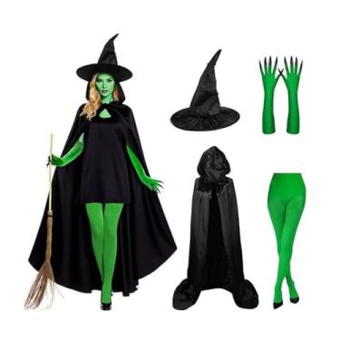 Imagem de Fantasia De Bruxa Para Mulheres | Chapéu De Bruxa Para Adultos Com De Garra Verdes - Kit De Fantasia Para Halloween Carnaval Festival Cosplay Role Playing E Mascarada