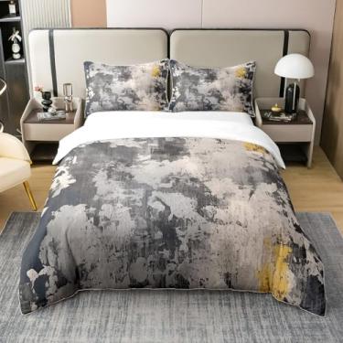 Imagem de Capa de edredom retrô estilo fazenda 100% algodão natural, tamanho king, estampa abstrata, arte moderna, super macio, cinza, preto, amarelo, 3 peças (sem edredom)