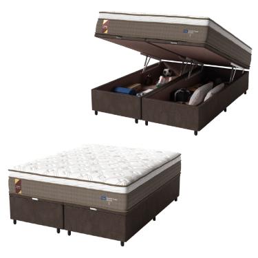 Imagem de Cama Box Baú Casal Queen Colchão Molas Ensacadas Guarda Costas Alameda Probel 158x198x71cm Suede