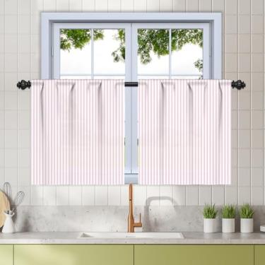 Imagem de Renaiss Cortinas de cozinha listradas rosa de 66 x 76 cm, cortina de café de linho pesado, camadas modernas de tratamento de janela para sala de estar, banheiro, trailer, trailer, janela pequena