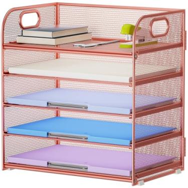 Imagem de Marbrasse Bandeja organizadora de papel de 5 camadas, organizador de arquivos de mesa de malha com alça, organizador de mesa para material de escritório doméstico - ouro rosa