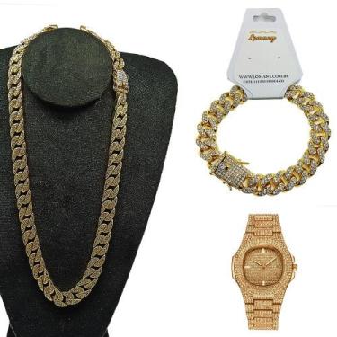 Imagem de Kit Ice Cuban Pulseira, Corrente e Relógio Cravejado Dourado - Lomany 