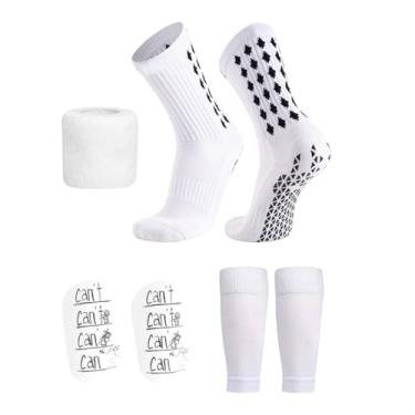 Imagem de Baoblaze Meias de futebol para adultos, conjunto leve, respirável e prático, caneleiras de futebol com mangas para corrida e basquete, Branco