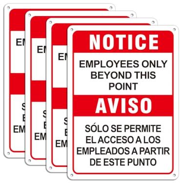 Imagem de (Pacote com 4) Placa bilíngue para funcionários apenas além deste ponto, sem entrada não autorizada, 25,4 x 17,8 cm placa de alumínio inglês espanhol apenas, sem permissão de clientes na área de
