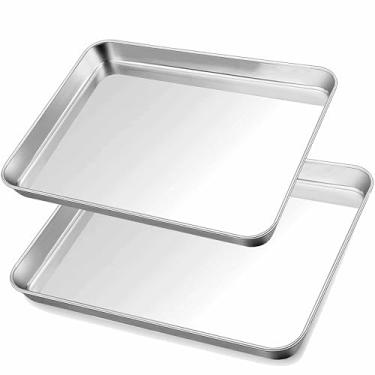 Imagem de Herogo Conjunto de assadeiras antiaderentes de aço inoxidável, conjunto de assadeiras retangulares para forno, 2 unidades de utensílios de cozinha multiuso, não tóxicos, resistentes e fáceis de limpar