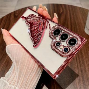 Imagem de Capa para Samsung S24Ultra com revestimento em glitter, borboleta, areia movediça, strass, transparente (para Samsung S24Ultra/rosa)